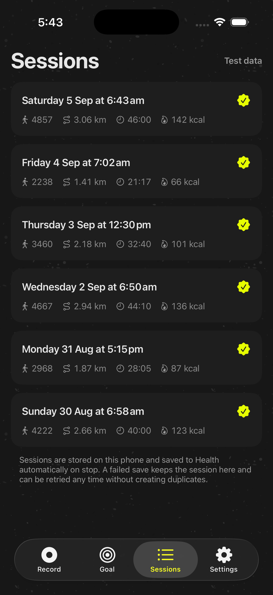 Waalk Sessions tab: saved walks with Health status