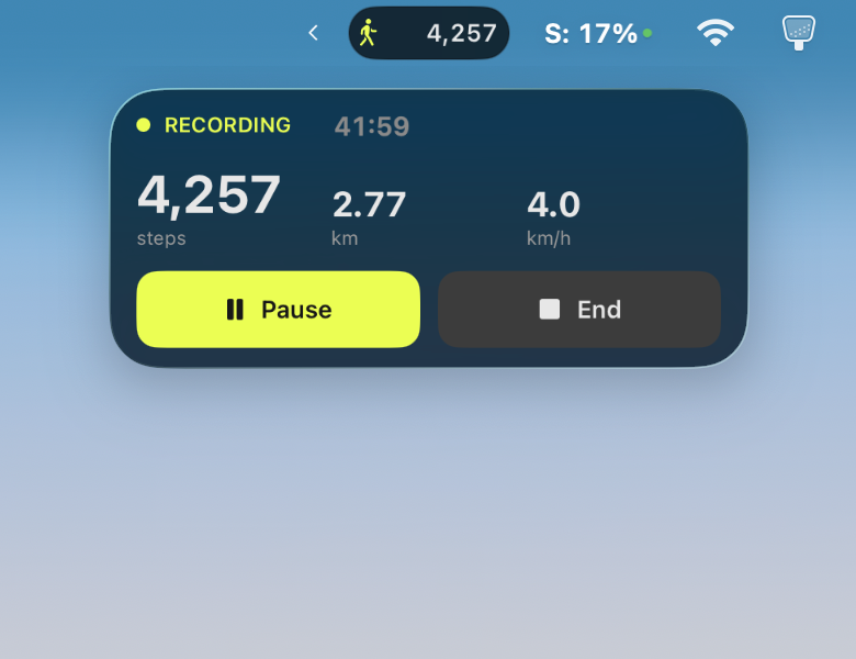 A Mac menu bar showing the Waalk Live Activity: a walker and 4,257 steps, expanded to a panel with Recording 41:59, 4,257 steps, 2.77 km, 4.0 km/h, Pause and End