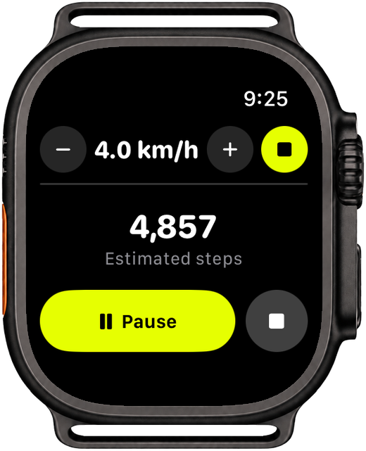Apple Watch Ultra running Waalk mid walk: belt speed 4.0 km/h with minus and plus, 4,857 estimated steps, Pause, and End